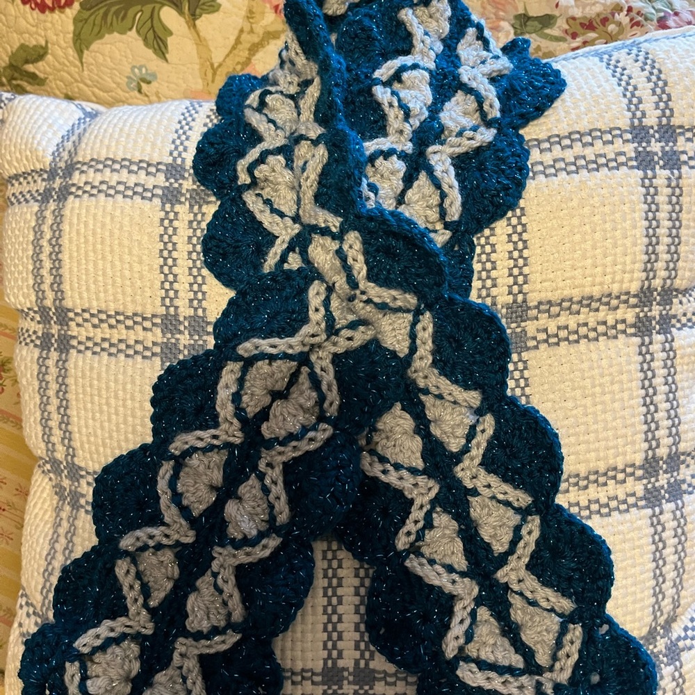 Hand Crochet blue and white sparkle key hole scarf